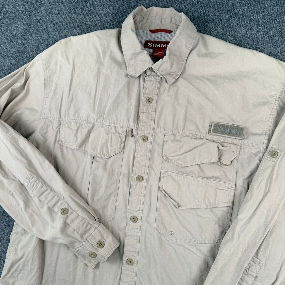 Simms Fly Fishing Shirt Mens L Gray Long Sleeve Button Up Cargo Vented Utility